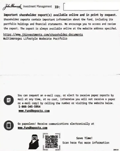 Investments direct mail example: Fund-sponsor report availability package. Plain envelope, shareholder-report notice, fund sponsor letter, QR response, and internet access instructions.