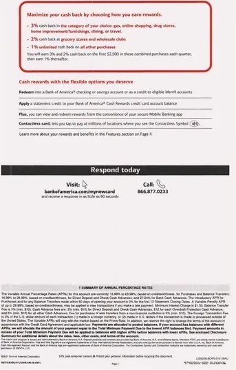 Investments and Retirement direct mail example: Bank of America investment-offer package. Plain envelope, investment offer letter, rate or rewards panel, application details, and terms inserts.