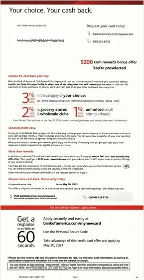 529 College Savings direct mail example: Bank of America extended college-savings package. College-savings package, cash-back or rewards comparison, product panel, application form, and extended terms pages.