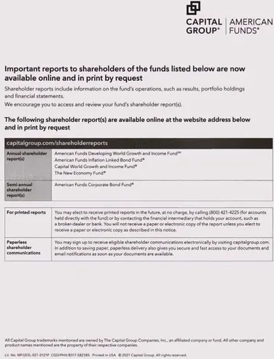 Mutual Funds direct mail example: Capital Group fund-report package. Plain envelope, fund-sponsor letter, shareholder-report availability notice, report table, and web access instructions.