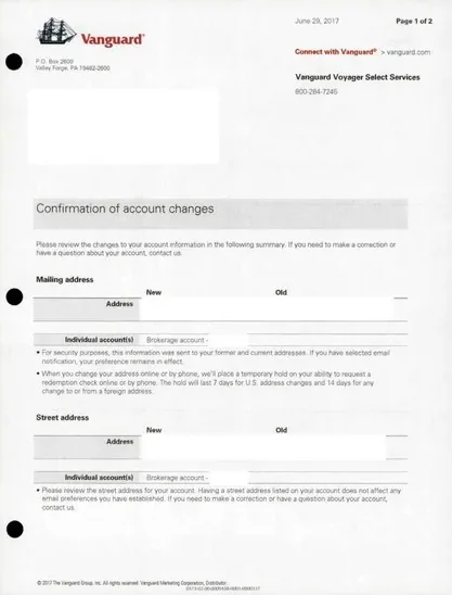 Investments and Retirement direct mail example: Vanguard account-change package. Plain envelope, account-change form, investment account details, confirmation pages, and web instructions.