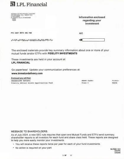 Mutual Funds direct mail example: Mutual-fund report package with blank insert. Plain envelope, shareholder-report letter, sponsor report pages, blank information insert, and QR access path.