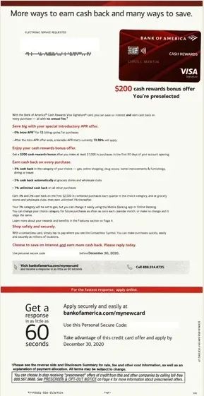 529 College Savings direct mail example: Bank of America college-savings rewards variant. College-savings package, cash-back comparison, card or product panel, application details, and terms pages.