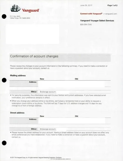 IRA / Rollover direct mail example: Vanguard IRA rollover package. Plain envelope, IRA or rollover account-change form, Vanguard confirmation letter, and web instructions.