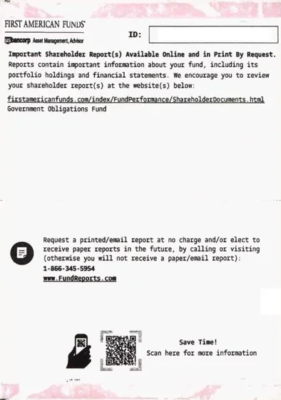 Investments direct mail example: Shareholder-report QR package. Plain envelope, report-availability notice, fund or sponsor letter, QR code, and online access instructions.