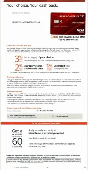 529 College Savings direct mail example: Bank of America college-savings cash-back variant. College-savings offer, cash-back headline, rewards comparison, application form, and long-form terms.