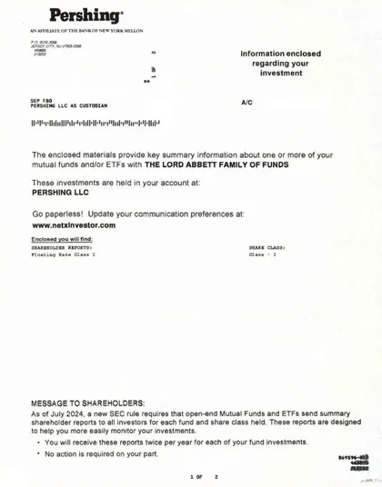 Mutual Funds direct mail example: Mutual-fund statement availability package. Plain envelope, fund statement notice, sponsor report letter, QR access path, and report insert.