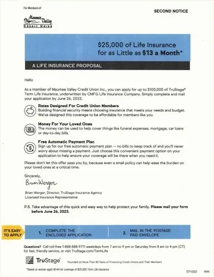 Life insurance direct mail example: Blue benefit-summary life packet. White envelope and letter with a blue benefits summary, checklist, and reply path.