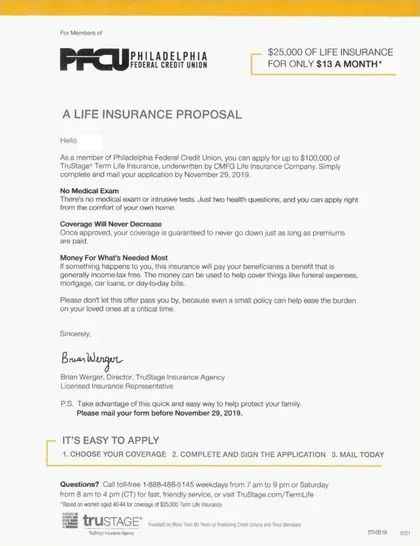Term life direct mail example: Term-life proposal packet. Envelope and multi-page proposal with a pale blue panel, policy details, and response instructions.