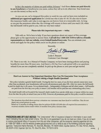 Life insurance direct mail example: Yellow policy-information letter. Yellow stationery, formal correspondence, and a long explanatory letter.
