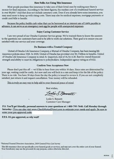 Life insurance direct mail example: Confidential policy notice packet. Confidential-marked envelope, red-accent notice, and detailed policy pages.