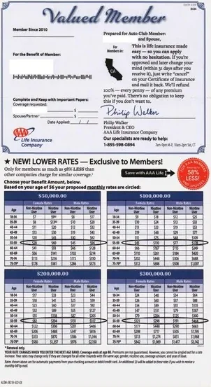 Life insurance direct mail example: Preparedness and affordability packet. Dark envelope, readiness message, plan table, and supporting insert.