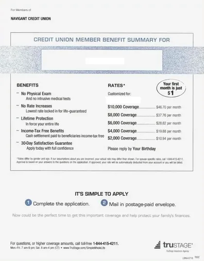 Whole life direct mail example: Member-benefit summary packet. Gold-accent envelope, explanatory letter, blue benefits summary, and response path.