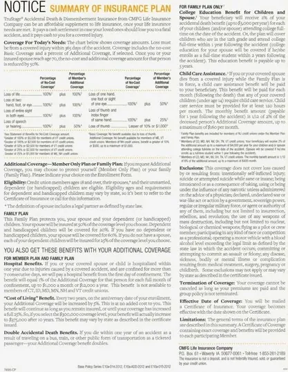 Accidental death coverage direct mail example: Accidental-death coverage notice. Plain envelope, sign-and-return letter, and coverage summary with a benefit table.