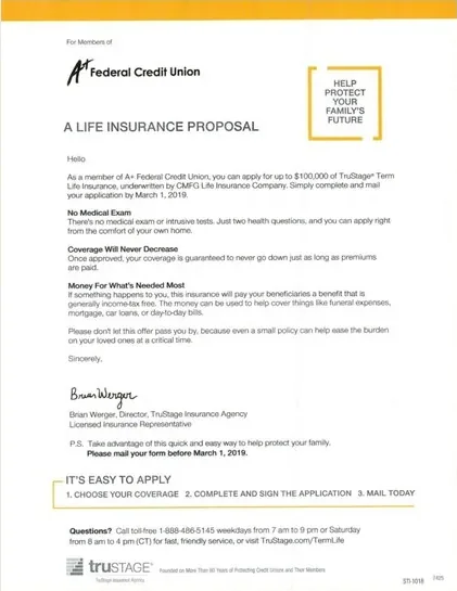 Term life direct mail example: Term-life proposal with comparison insert. Envelope, proposal letter, pale comparison insert, and response callout.
