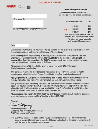Term life direct mail example: Term-life brochure and disclosure packet. White envelope, red-accent offer letter, and multi-column coverage brochure.