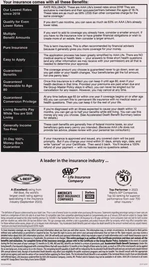 Life insurance direct mail example: Policy-update and renewal packet. Envelope, policy-update letter, premium table, and dark terms insert.