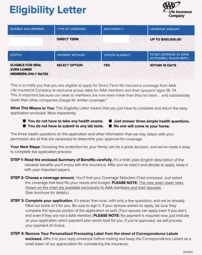 Life insurance direct mail example: Orange eligibility self-mailer. Bright orange self-mailer, eligibility letter, and signed response page.