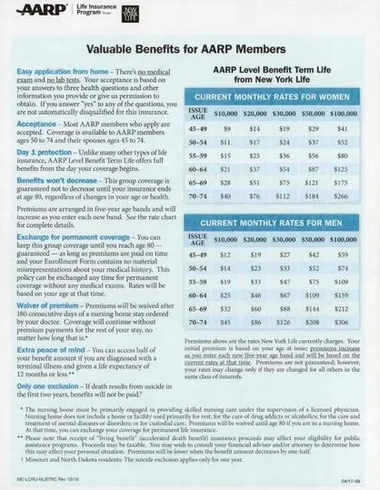 Term life direct mail example: Member term-benefit comparison packet. Plain envelope, blue rate table, benefit explanation, and enrollment guidance.