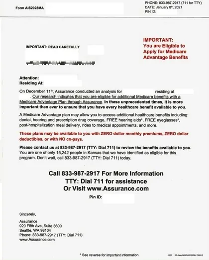 Medicare Advantage direct mail example: Red-highlight enrollment letter. Envelope, personalized letter, red-highlighted enrollment copy, and a supporting information insert.