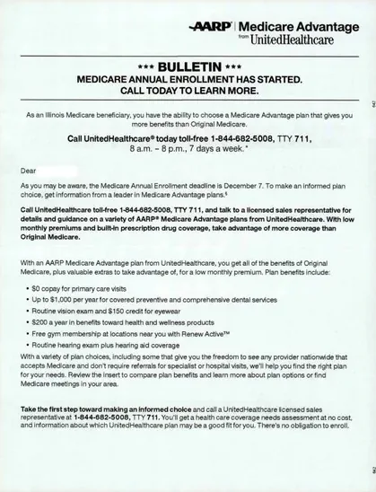 Medicare Advantage direct mail example: Annual-enrollment bulletin. Multi-page enrollment bulletin with plan information, benefit guidance, and a phone response path.