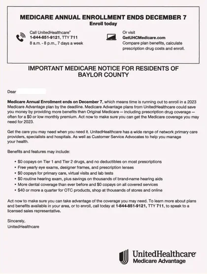 Medicare Advantage direct mail example: Enrollment-deadline notice. Multi-piece enrollment notice with a deadline message, plan information, and an apply-or-enroll response.