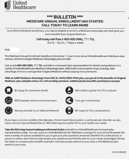 Medicare Advantage direct mail example: Benefits bulletin with icon grid. Multi-page bulletin with benefit icons, a compact plan summary, and a phone response path.