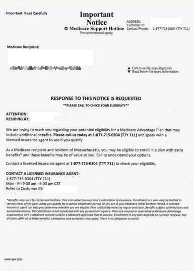 Medicare Advantage direct mail example: Important-information response notice. Plain envelope and important-information letter with eligibility language, terms, and a call response.