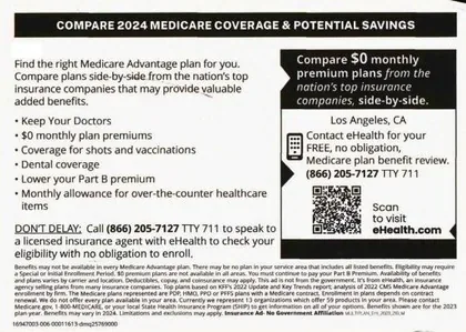 Medicare Advantage direct mail example: Coverage-comparison savings letter. Two-page comparison letter with premium and coverage callouts, provider details, and a phone response.