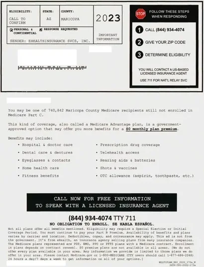 Medicare Advantage direct mail example: Eligibility and call-in notice. Envelope, eligibility notice, plan details, and a prominent call-in instruction.