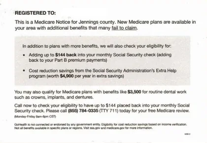 Medicare Advantage direct mail example: Medicare savings notice. Short notice with a savings headline, eligibility explanation, and a phone response path.