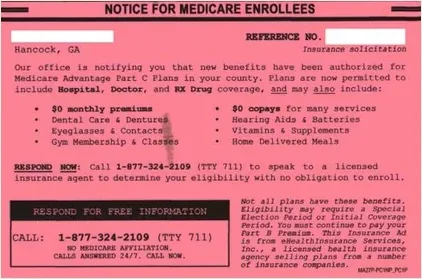 Medicare Advantage direct mail example: Pink enrollee information notice. Color-blocked two-page notice with enrollee information, benefit bullets, and a call response.