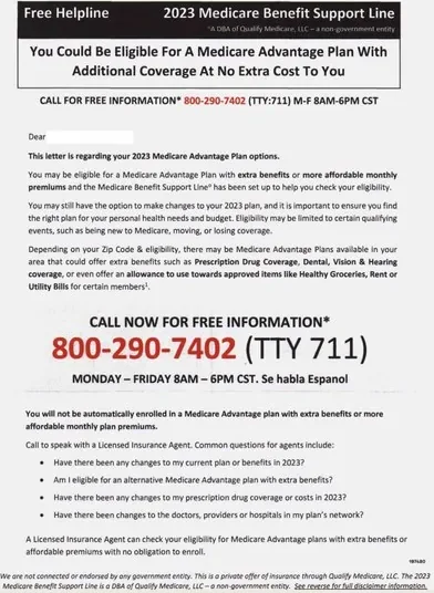 Medicare Advantage direct mail example: Premium-support plan update. Plan-update letter with a time-sensitive headline, support details, and a free-information call to action.
