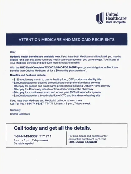 Medicare Advantage direct mail example: Benefits eligibility response package. Envelope, eligibility letter, plan-benefit details, and a structured call-now response panel.