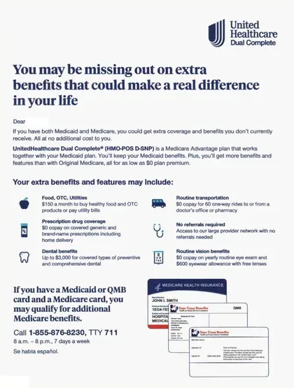 Medicare Advantage direct mail example: Extra-benefits information package. Envelope and multi-page package centered on extra benefits, eligibility details, and a phone response.