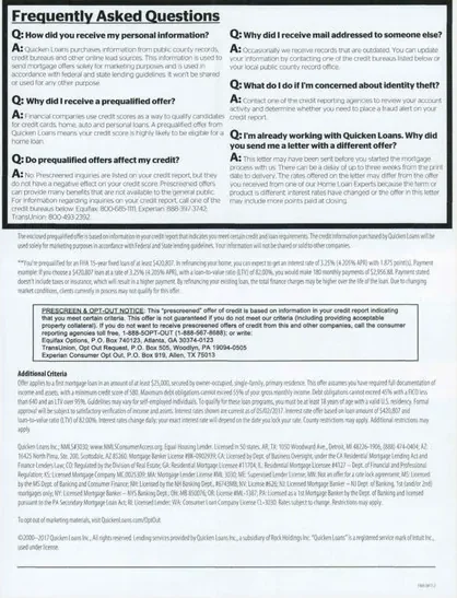 Mortgage direct mail example: Quicken Loans rate-and-terms packet. Branded envelope, financial-document insert, payment and rate summary, FAQ panel, and phone response.