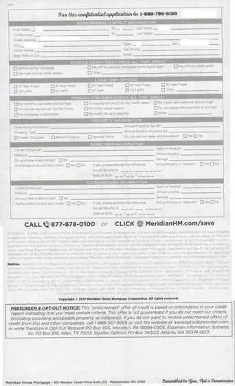 Mortgage direct mail example: Meridian Home Mortgage rate comparison package. Blue-and-white envelope, rate comparison panel, lifestyle image, terms table, and phone response.