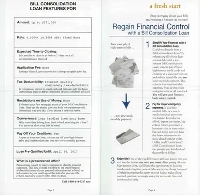 Mortgage direct mail example: Embrace Home Loans loan-consolidation package. Bright yellow insert, loan-consolidation message, application checklist, and multi-page process explanation.