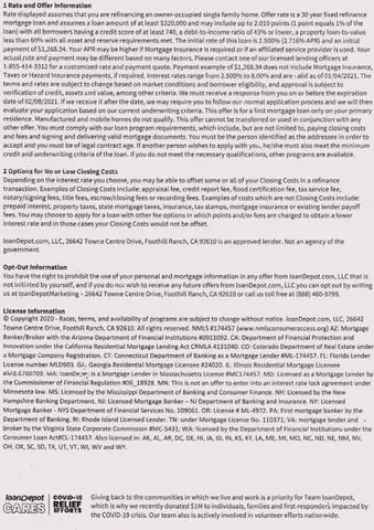 Mortgage direct mail example: loanDepot lower-interest-rate package. Sparse white envelope, prominent lower-rate headline, payment table, and dense terms insert.