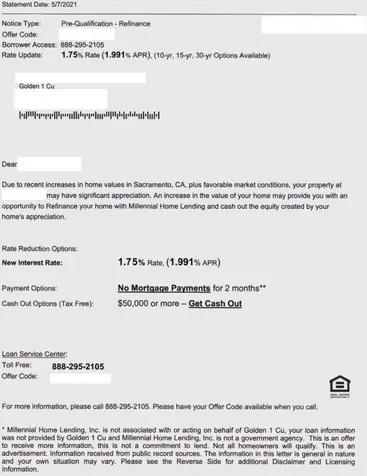 Mortgage direct mail example: Millennial Home Lending prequalification letter. Sparse white-and-gray package, green qualification panel, payment details, and long explanatory insert.