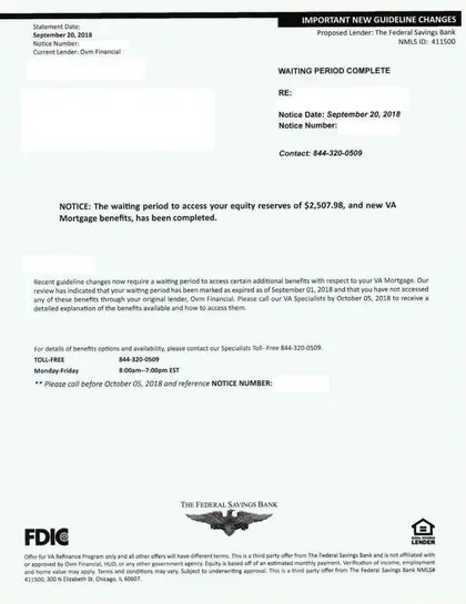 Mortgage direct mail example: The Federal Savings Bank available-funds package. Sparse envelope, available-funds notice, account table, and phone response.