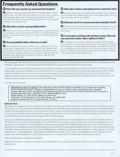 Mortgage direct mail example: Quicken Loans blue rate-and-terms package. Blue-accent envelope, payment summary, qualification details, FAQ panel, and phone response.