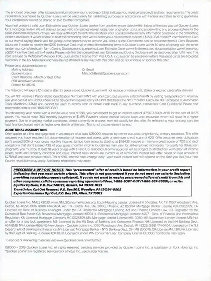 Mortgage direct mail example: Quicken Loans payment-savings package. Blue savings callout, monthly-payment comparison, incentive copy, terms insert, and phone response.