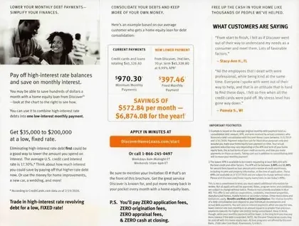 Mortgage direct mail example: Discover payment-reduction package. Orange-and-navy payment panel, lifestyle imagery, comparison tables, QR path, and online application.