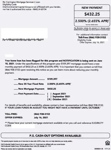 Mortgage direct mail example: Intercontinental Capital Group rate-quote package. Sparse white envelope, centered rate-and-payment table, qualification copy, terms insert, and online application.