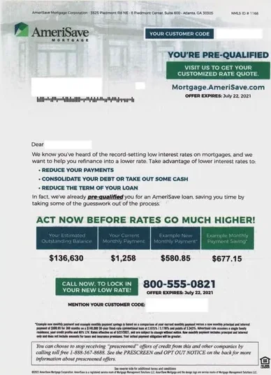 Mortgage direct mail example: AmeriSave prequalified refinance package. Green prequalification banner, payment table, rate deadline, and web response.
