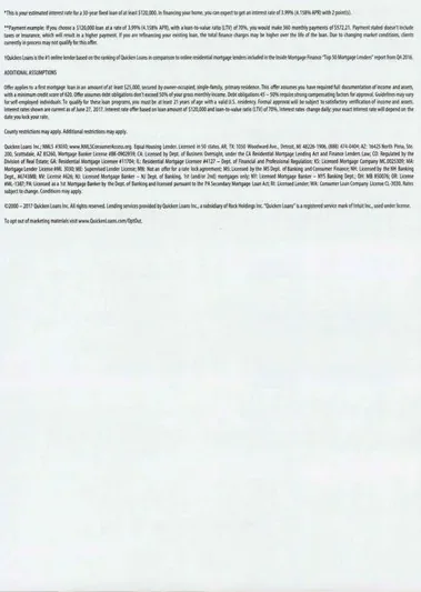 Mortgage direct mail example: Quicken Loans payment-assurance package. Light blue envelope, reassurance-led headline, monthly-payment table, and phone response.