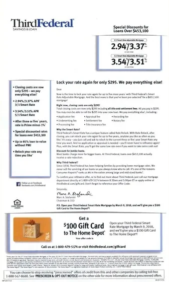 Mortgage direct mail example: Third Federal Savings and Loan rate package. Blue-and-white rate panel, savings or loan comparison, card-style incentive, and enrollment path.
