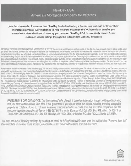 Mortgage direct mail example: NewDay Financial mortgage-rate package. Brown-and-gold envelope, rate table, customer letter, and phone response.
