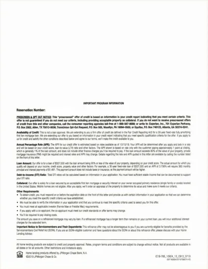 Mortgage direct mail example: Chase refinance opportunity package. Blue eligibility panel, refinance comparison table, digital response options, and appointment path.